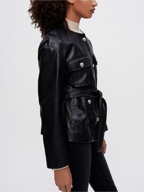 Maje Black Leather Button-Front Jacket